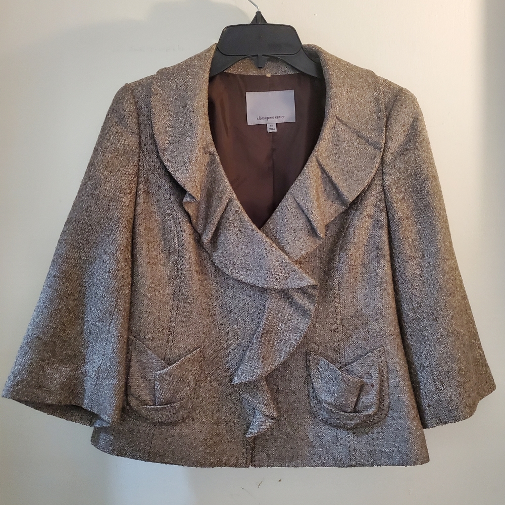 Nordstrom tan cropped blazer, ruffle neck, size XS, silk blend